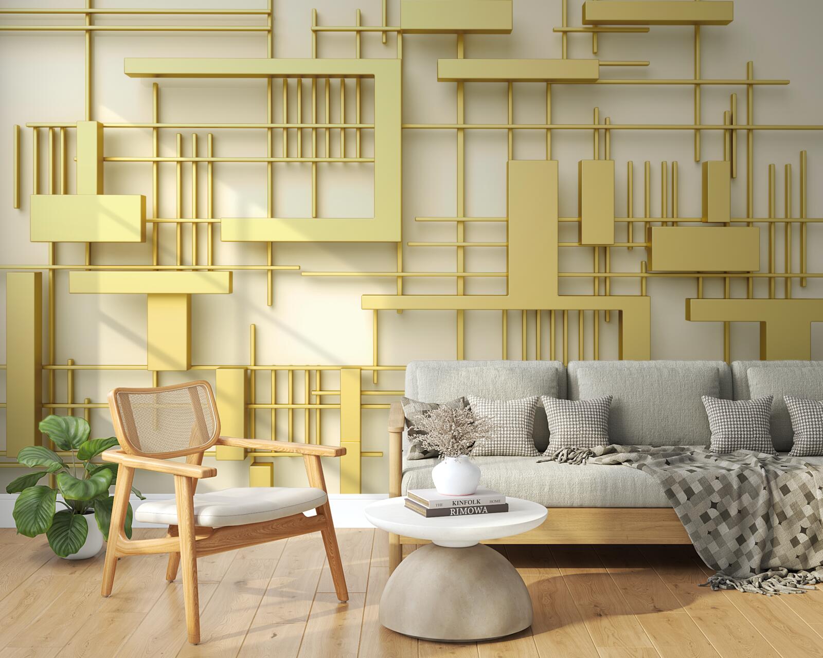 Fototapeten Geometrische Formen aus Gold, die auf ein goldenes Netz platziert ist