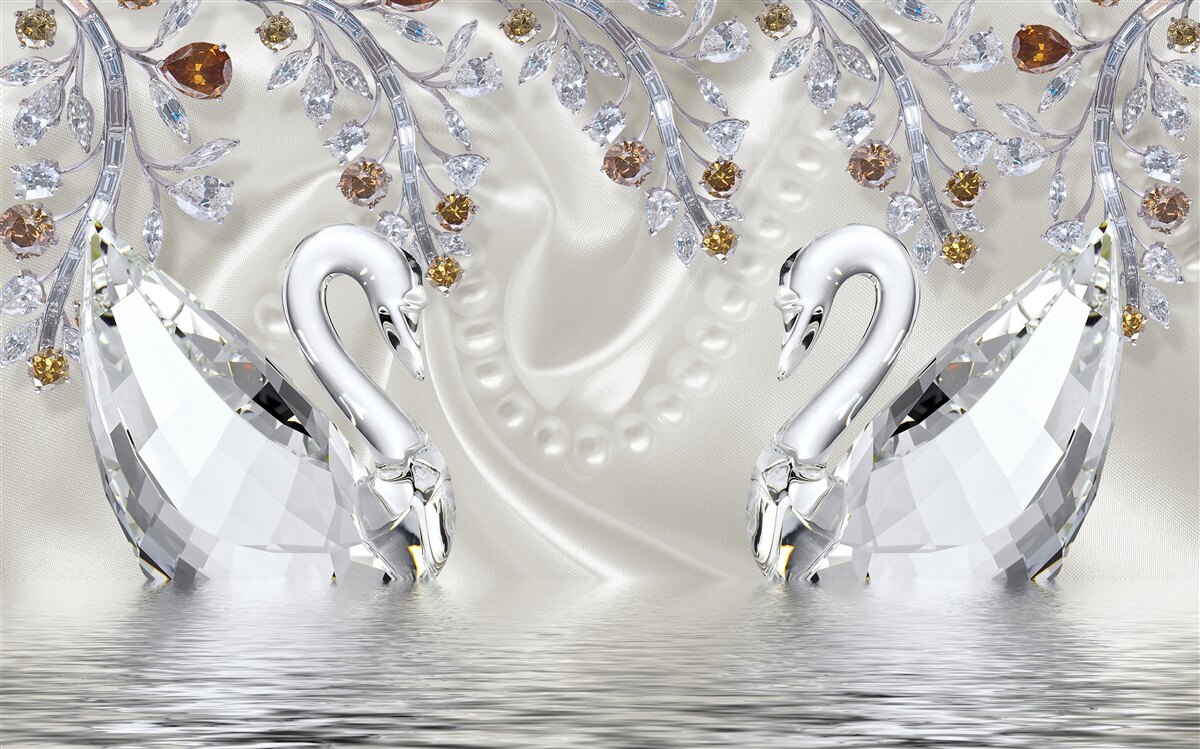 Fototapeten Schnee -weiße Schwäne schwimmen nach dem Teich, und die Zweige der Blumen haben einen goldenen Schatten