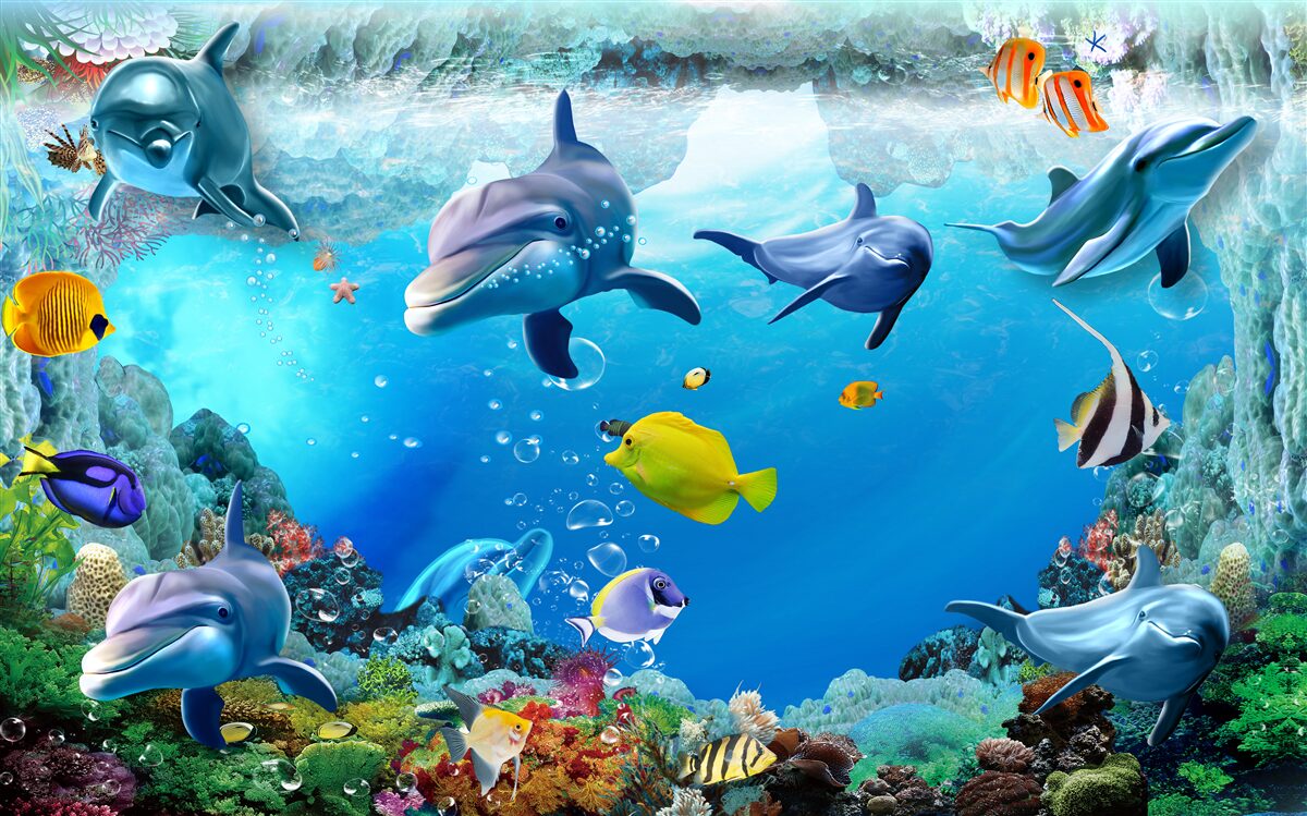 Fototapeten Unterwasserwelt mit Delfinen und Fischen