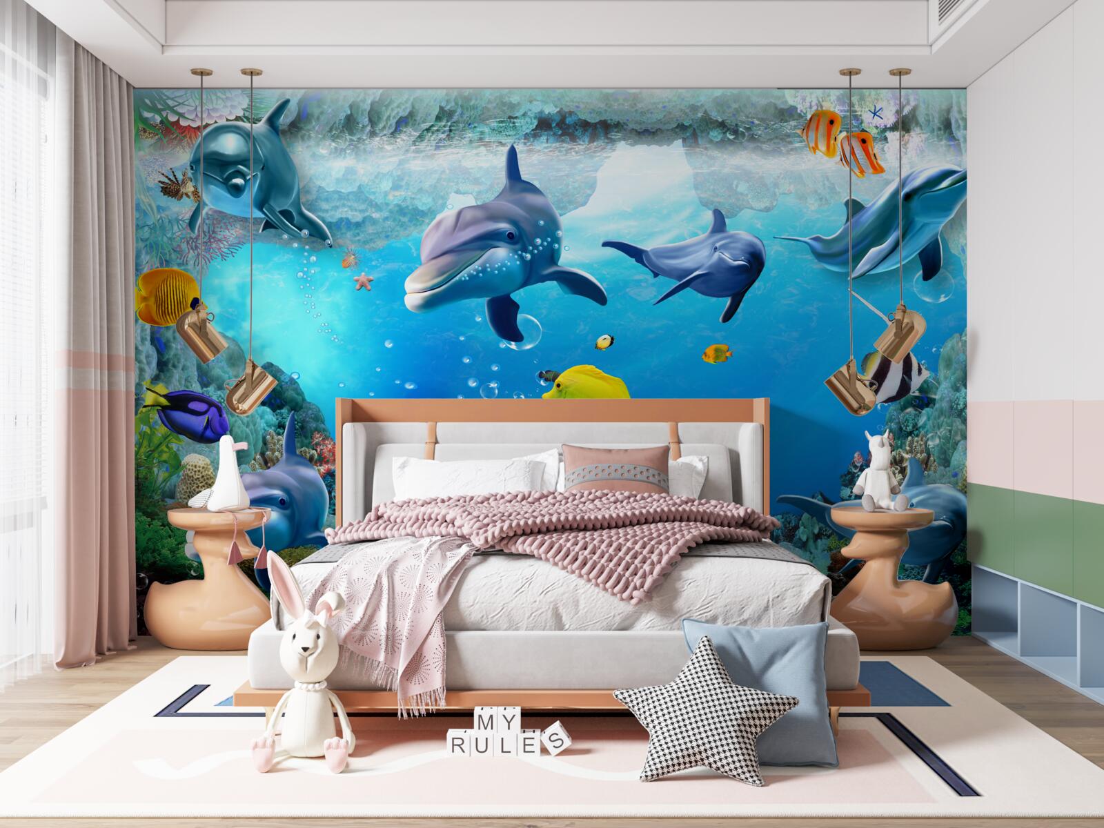 Fototapeten Unterwasserwelt mit Delfinen und Fischen