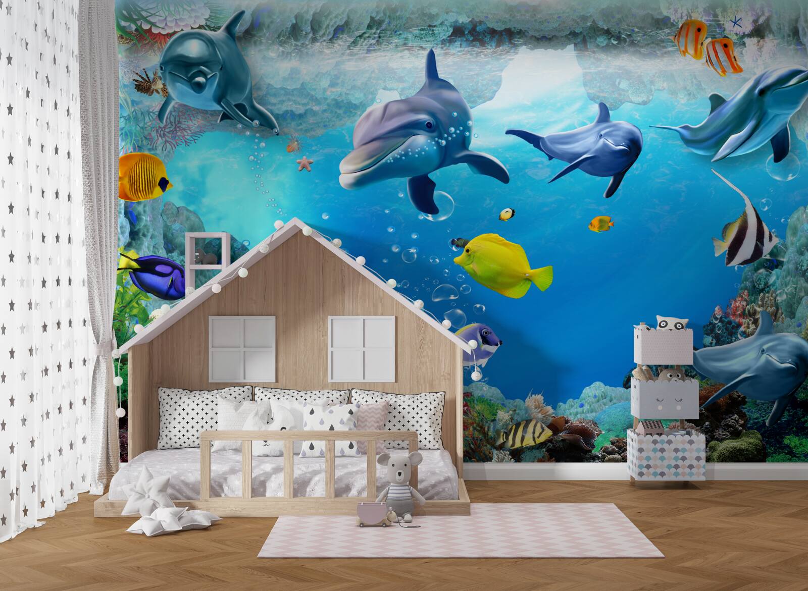 Fototapeten Unterwasserwelt mit Delfinen und Fischen