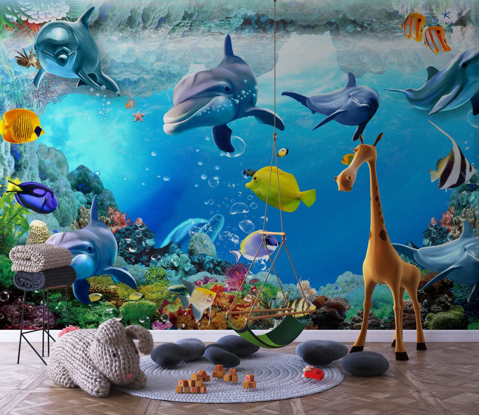 Fototapeten Unterwasserwelt mit Delfinen und Fischen
