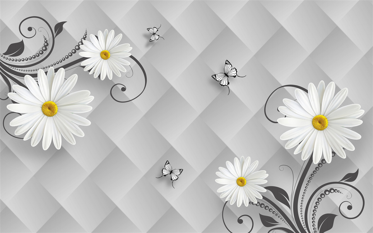 Fototapeten Ein abstrakter Hintergrund, der mit weißen Gänseblümchen und Schmetterlingen verziert ist