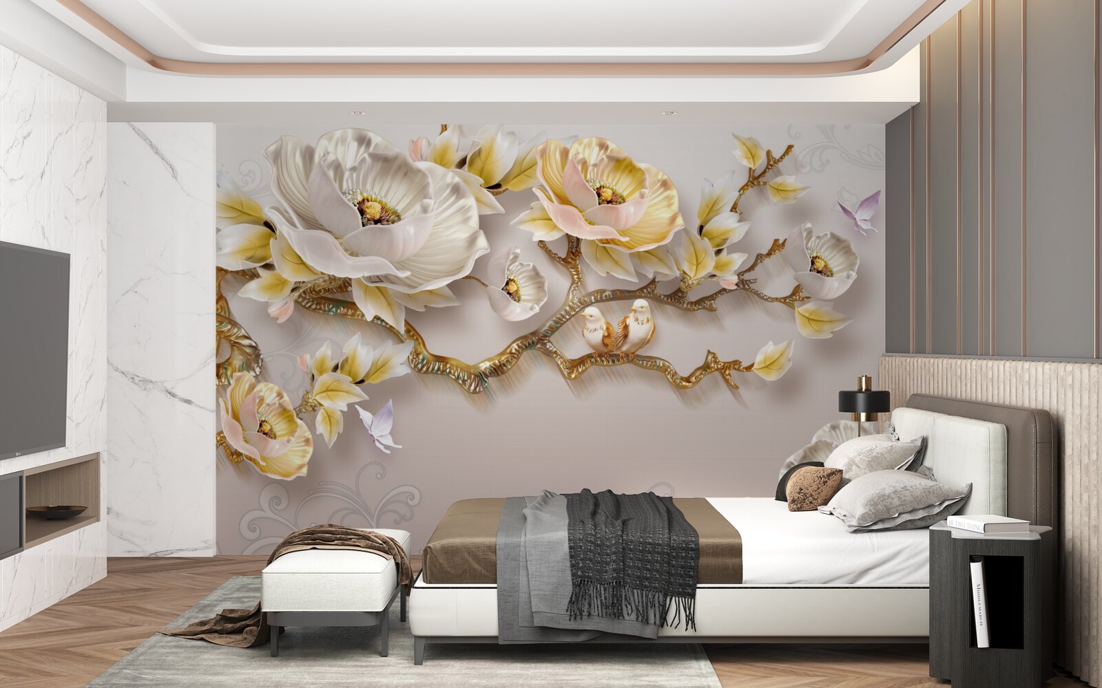 Fototapeten Schmuck und Gold in Form von Magnolienzweigen