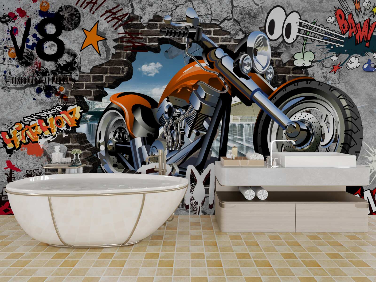 Fototapeten Motorrad auf Graffiti gezeigt