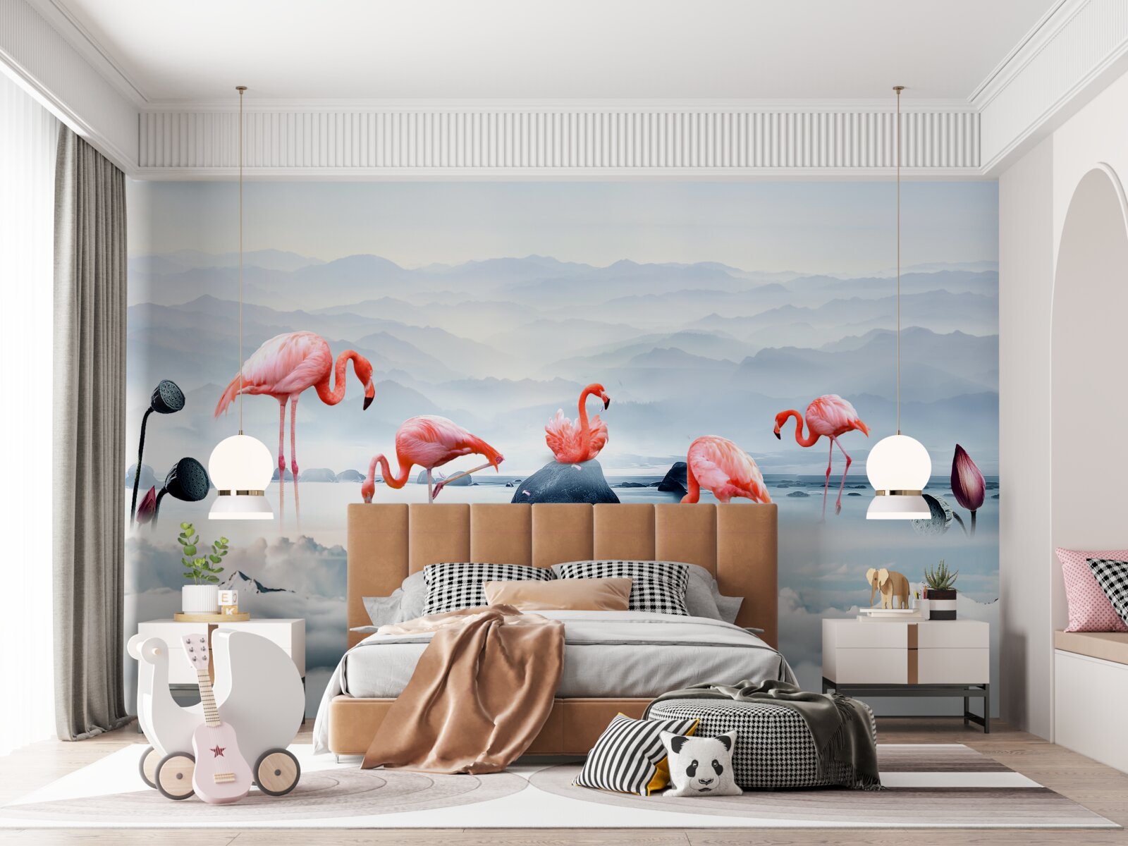 Fototapeten Rosa Flamingo unter Wolken