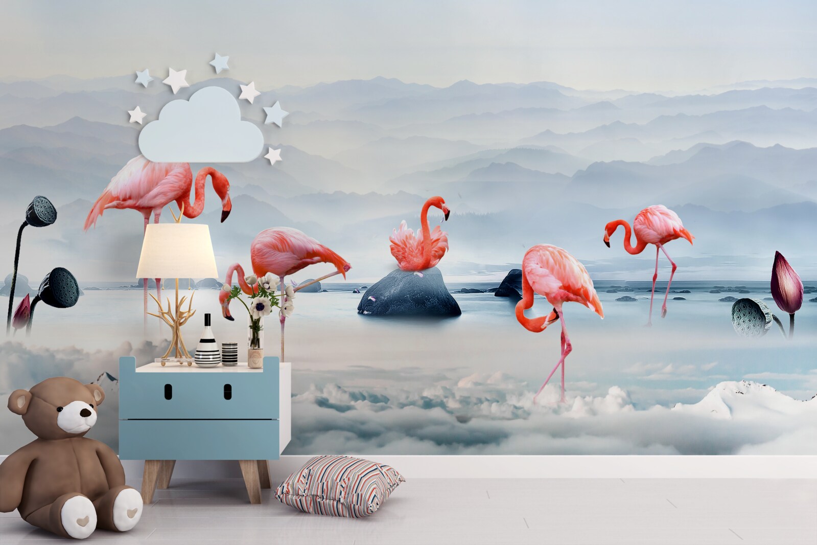 Fototapeten Rosa Flamingo unter Wolken