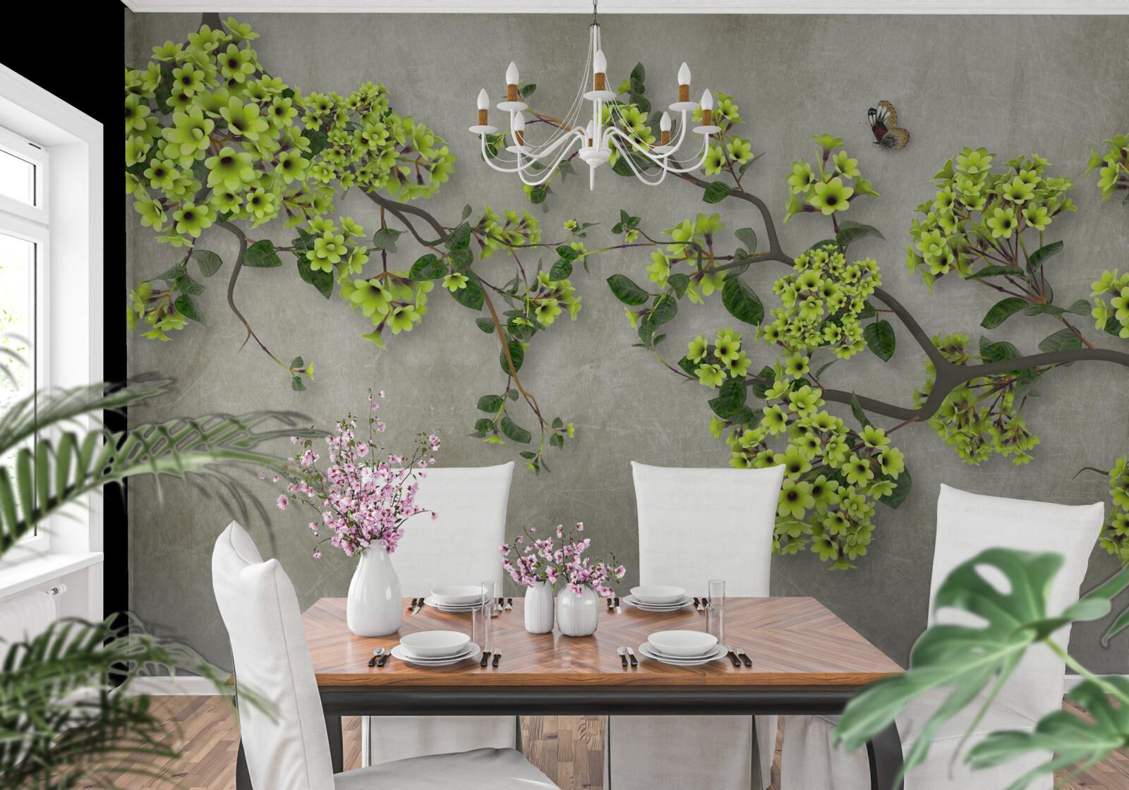 Fototapeten Magnolienzweig mit üppigen grünen Knospen gepunktet