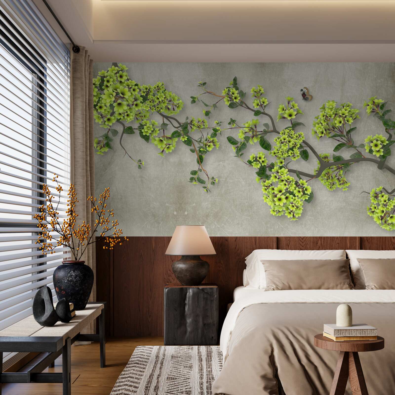 Fototapeten Magnolienzweig mit üppigen grünen Knospen gepunktet