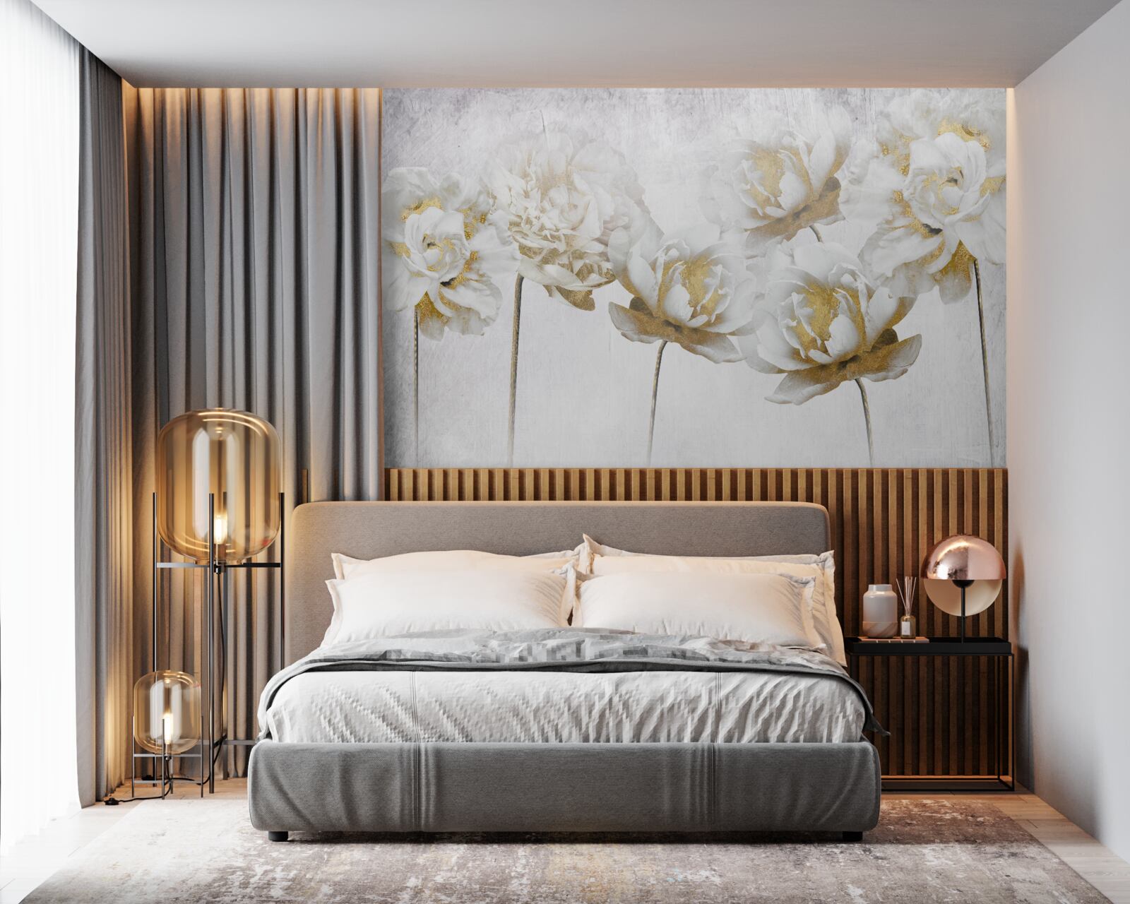 Fototapeten Elegante Pflanzen aus Gold und Seide