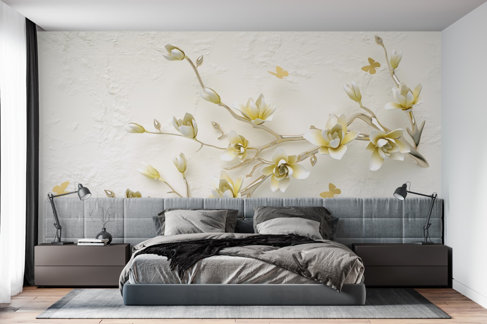 Fototapeten Ein einsamer Zweig mit Blumen und Schmetterlingen bedeckt