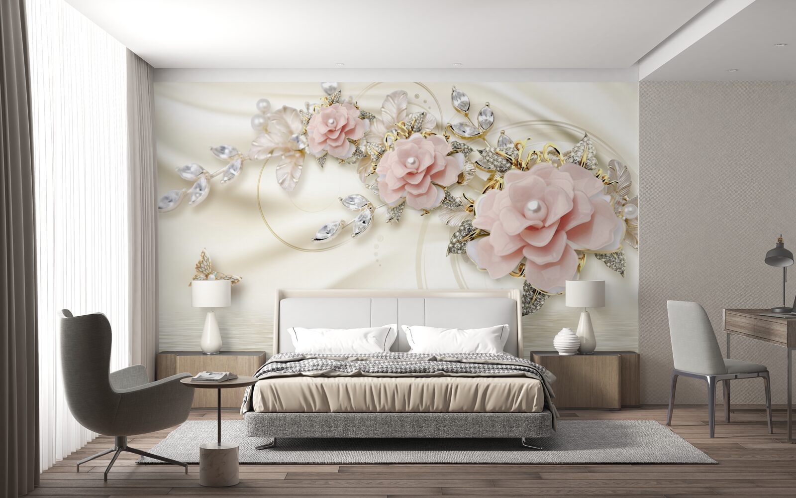 Fototapeten Ein Ast mit rosa Blumen hängt über dem Wasser, mit Perlen verziert