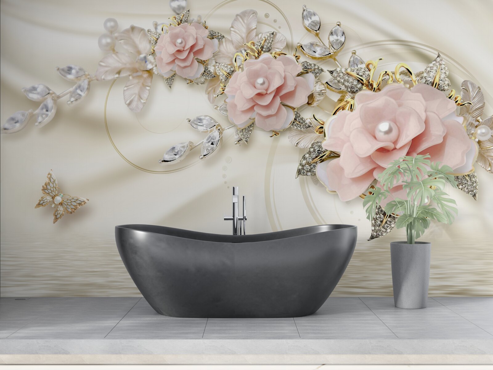 Fototapeten Ein Ast mit rosa Blumen hängt über dem Wasser, mit Perlen verziert
