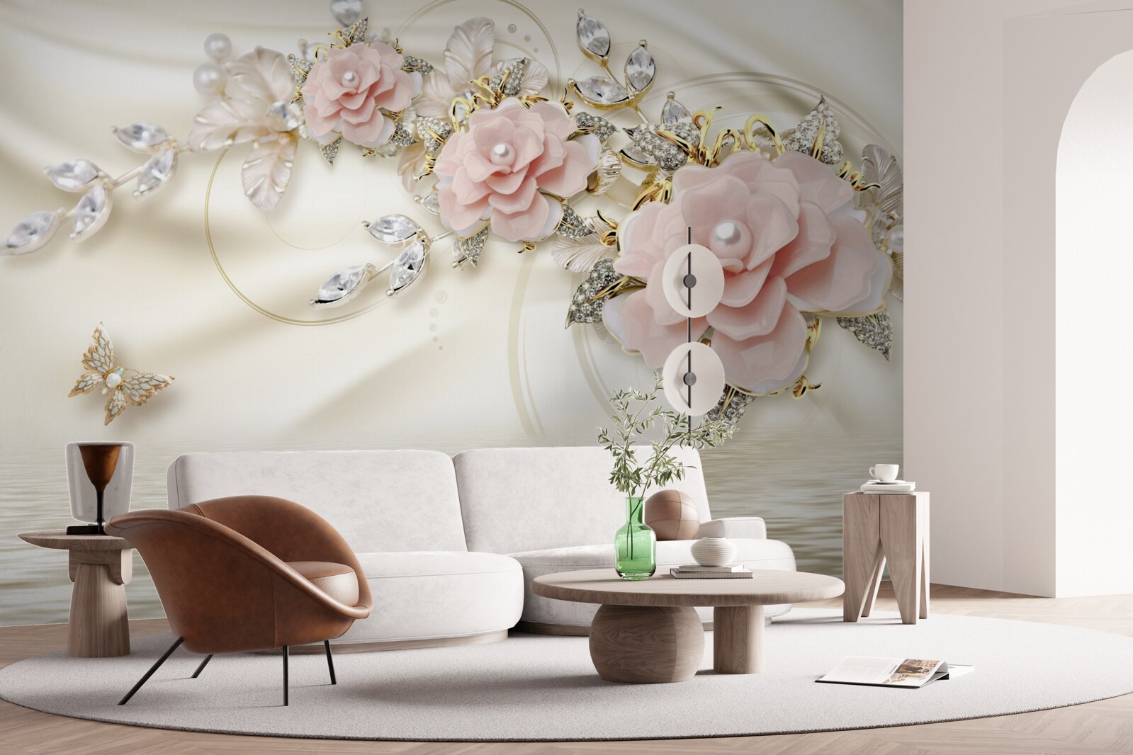 Fototapeten Ein Ast mit rosa Blumen hängt über dem Wasser, mit Perlen verziert
