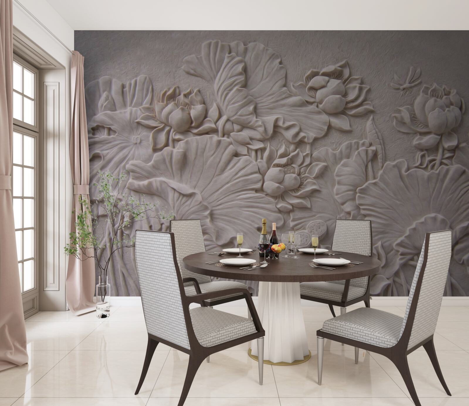 Fototapeten Ton -Bas -Relief mit Bildern von Blumen und Pflanzen dekoriert