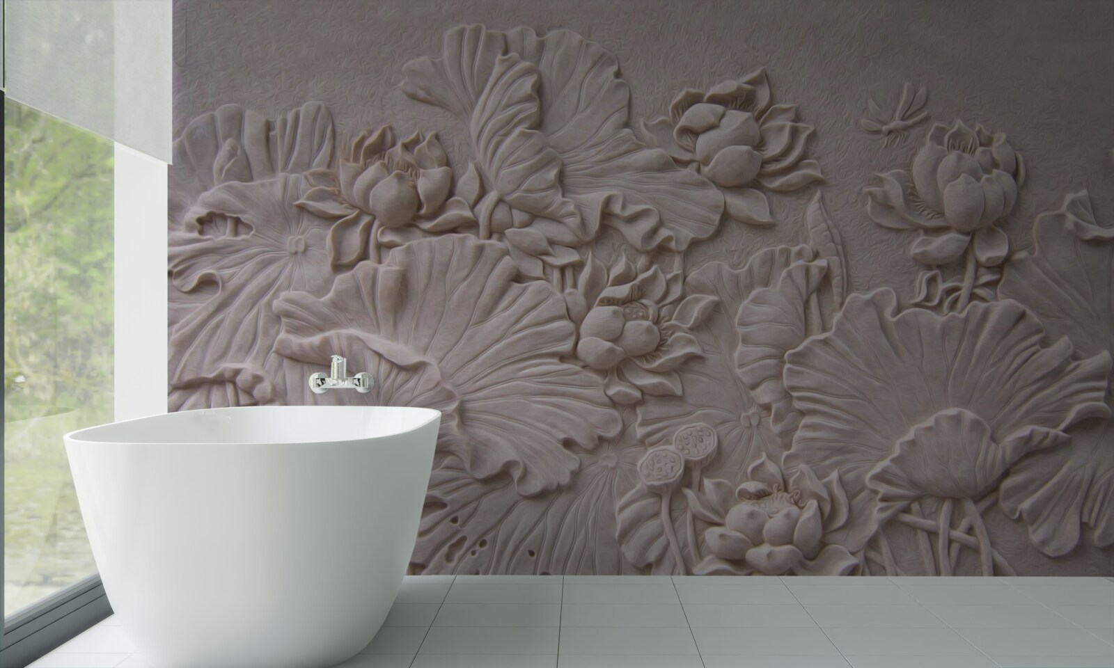 Fototapeten Ton -Bas -Relief mit Bildern von Blumen und Pflanzen dekoriert