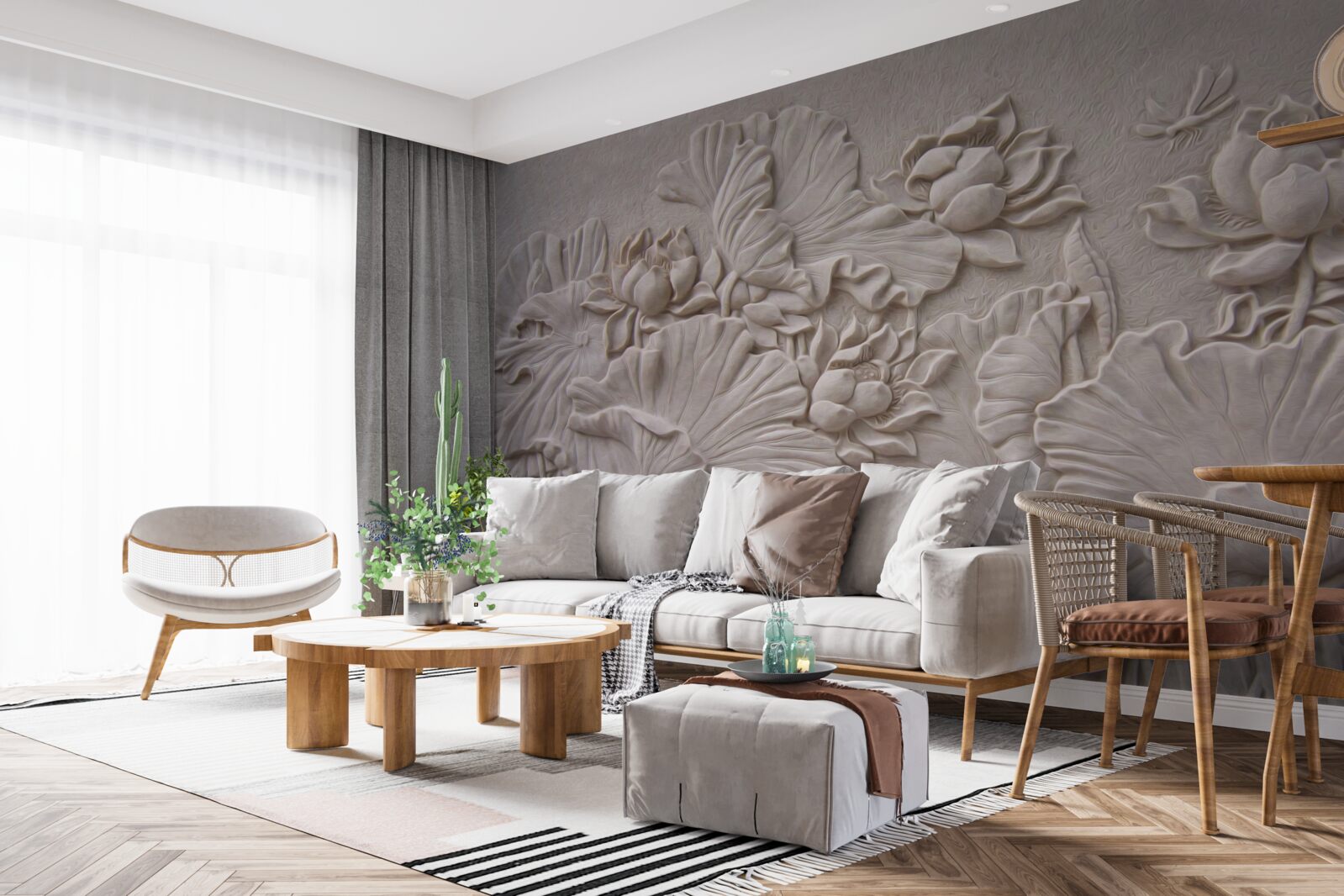 Fototapeten Ton -Bas -Relief mit Bildern von Blumen und Pflanzen dekoriert