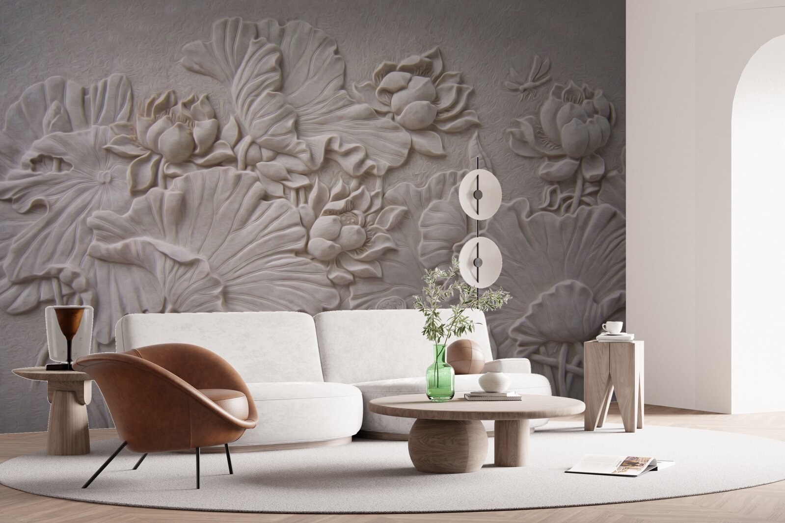 Fototapeten Ton -Bas -Relief mit Bildern von Blumen und Pflanzen dekoriert