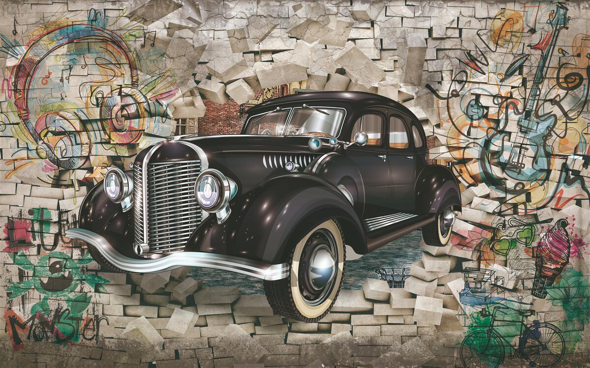 Fototapeten Historisches schwarzes Auto an der Wand