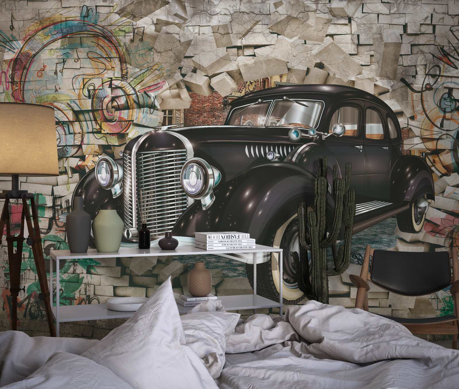 Fototapeten Historisches schwarzes Auto an der Wand