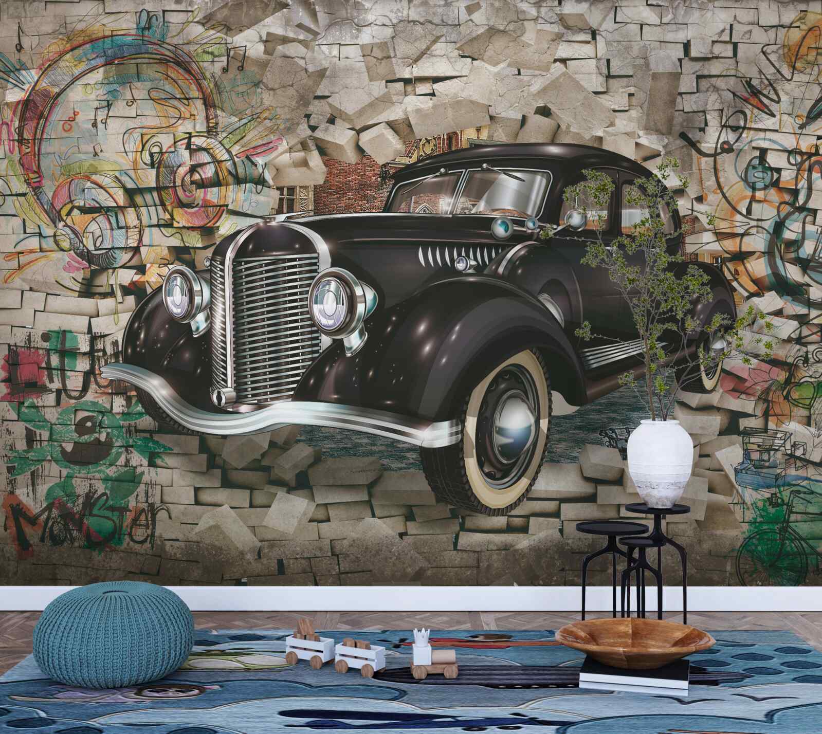 Fototapeten Historisches schwarzes Auto an der Wand