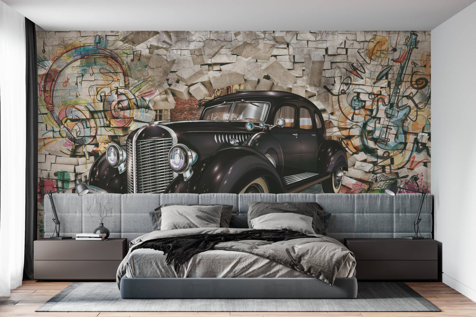 Fototapeten Historisches schwarzes Auto an der Wand