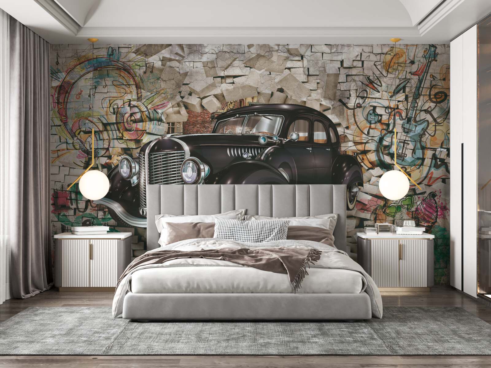 Fototapeten Historisches schwarzes Auto an der Wand