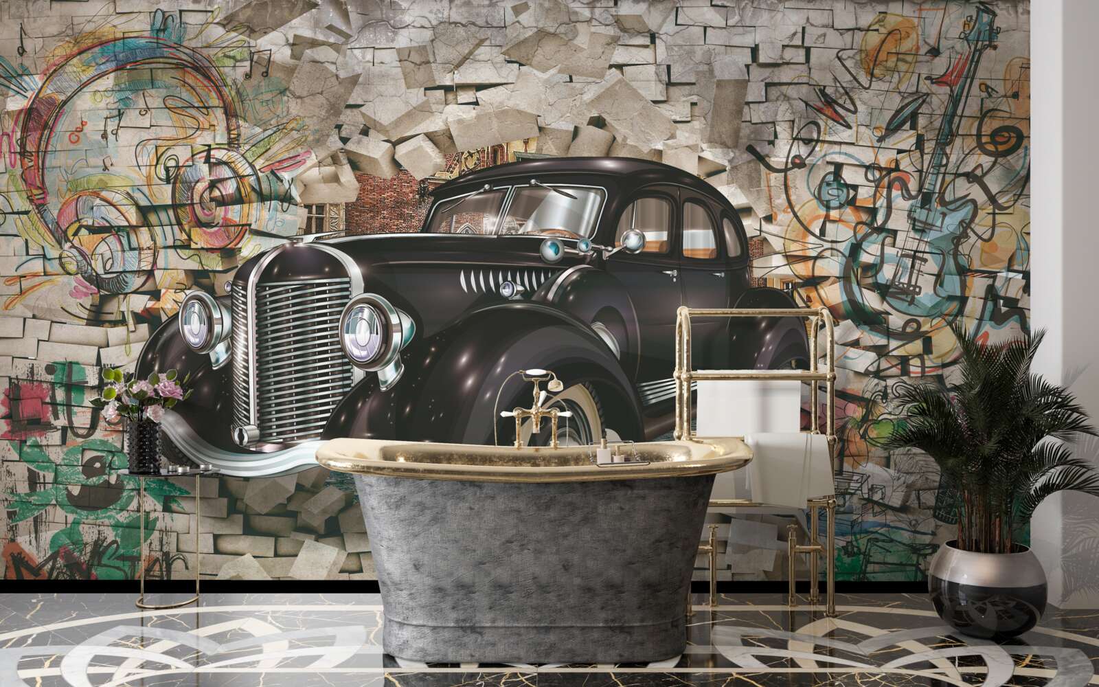 Fototapeten Historisches schwarzes Auto an der Wand