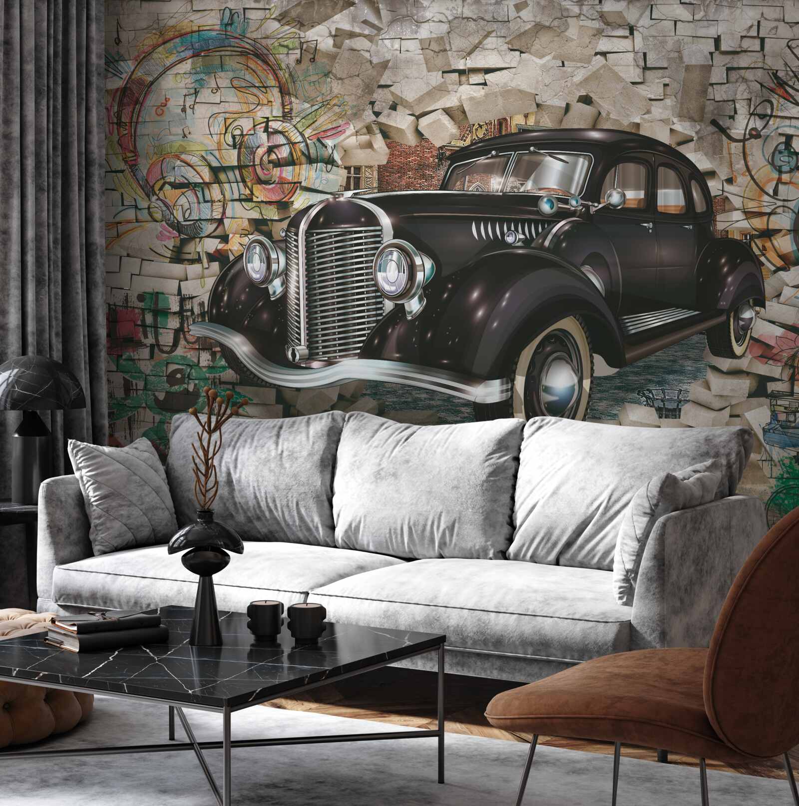 Fototapeten Historisches schwarzes Auto an der Wand