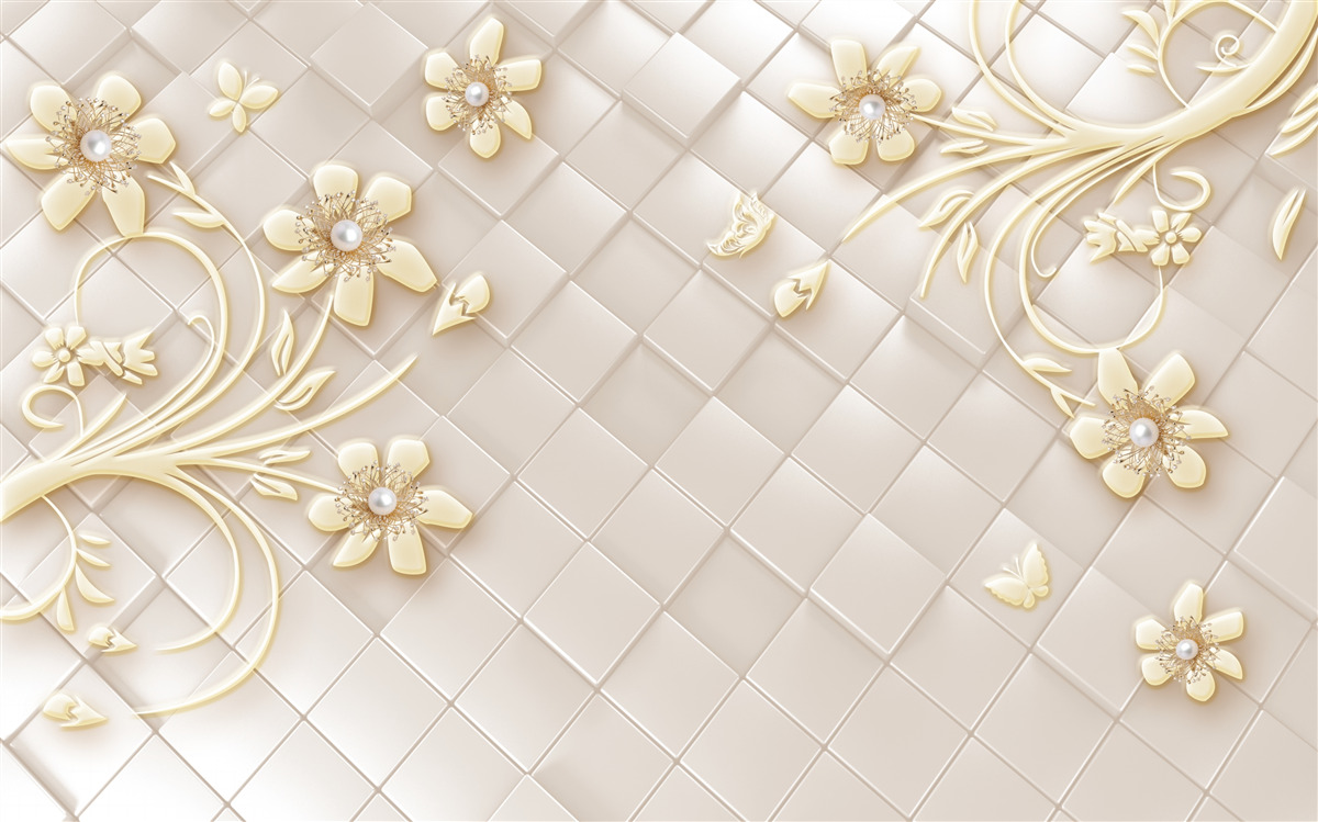 Fototapeten Blumen und Goldzweige vor dem Hintergrund geometrischer Diamanten