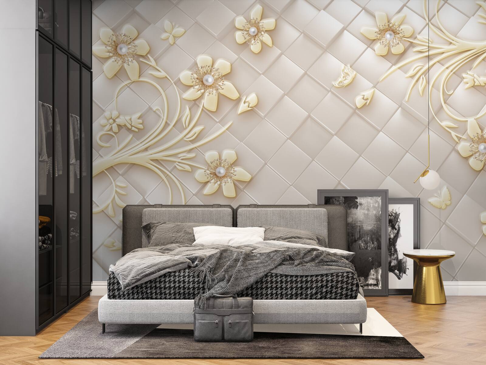 Fototapeten Blumen und Goldzweige vor dem Hintergrund geometrischer Diamanten