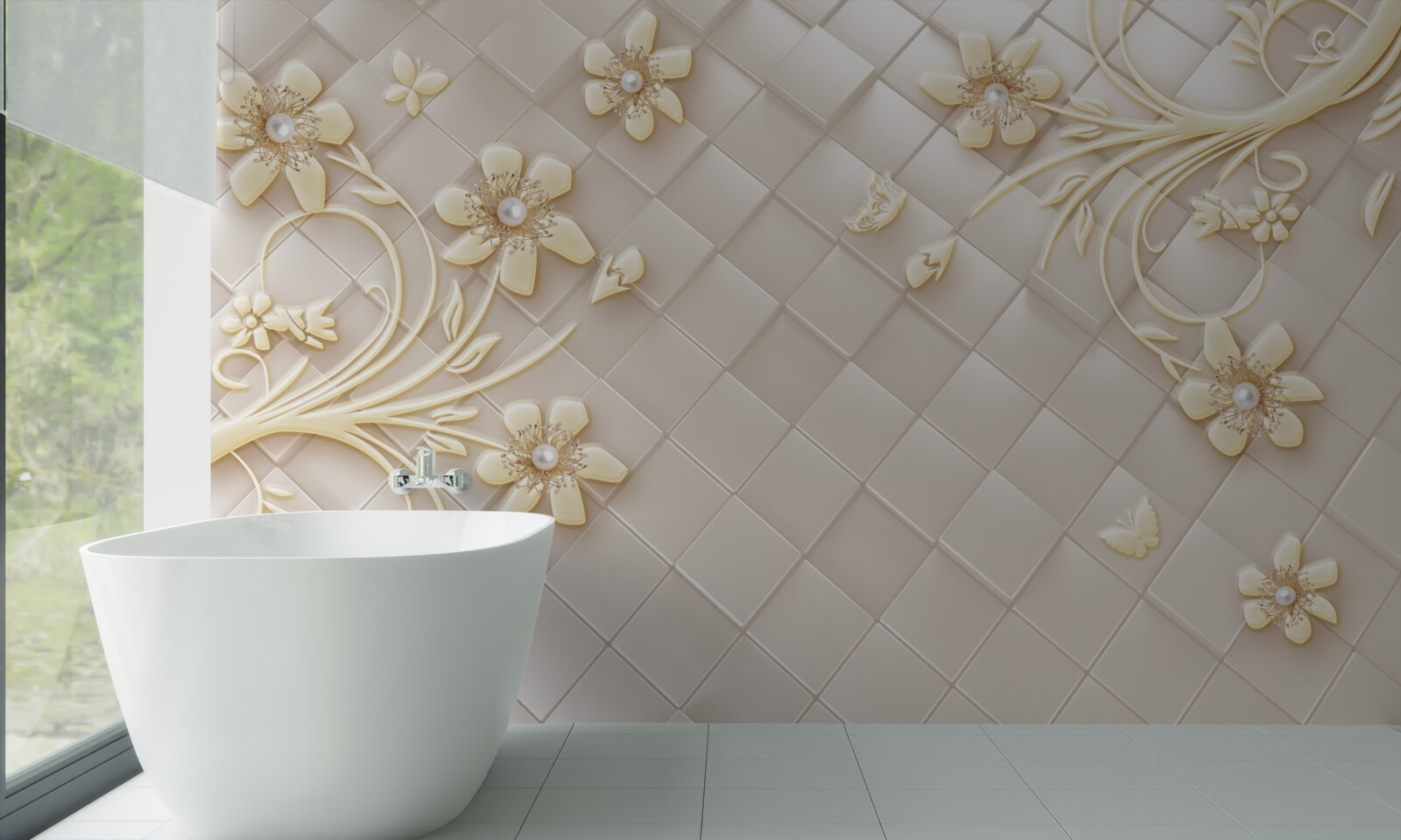 Fototapeten Blumen und Goldzweige vor dem Hintergrund geometrischer Diamanten