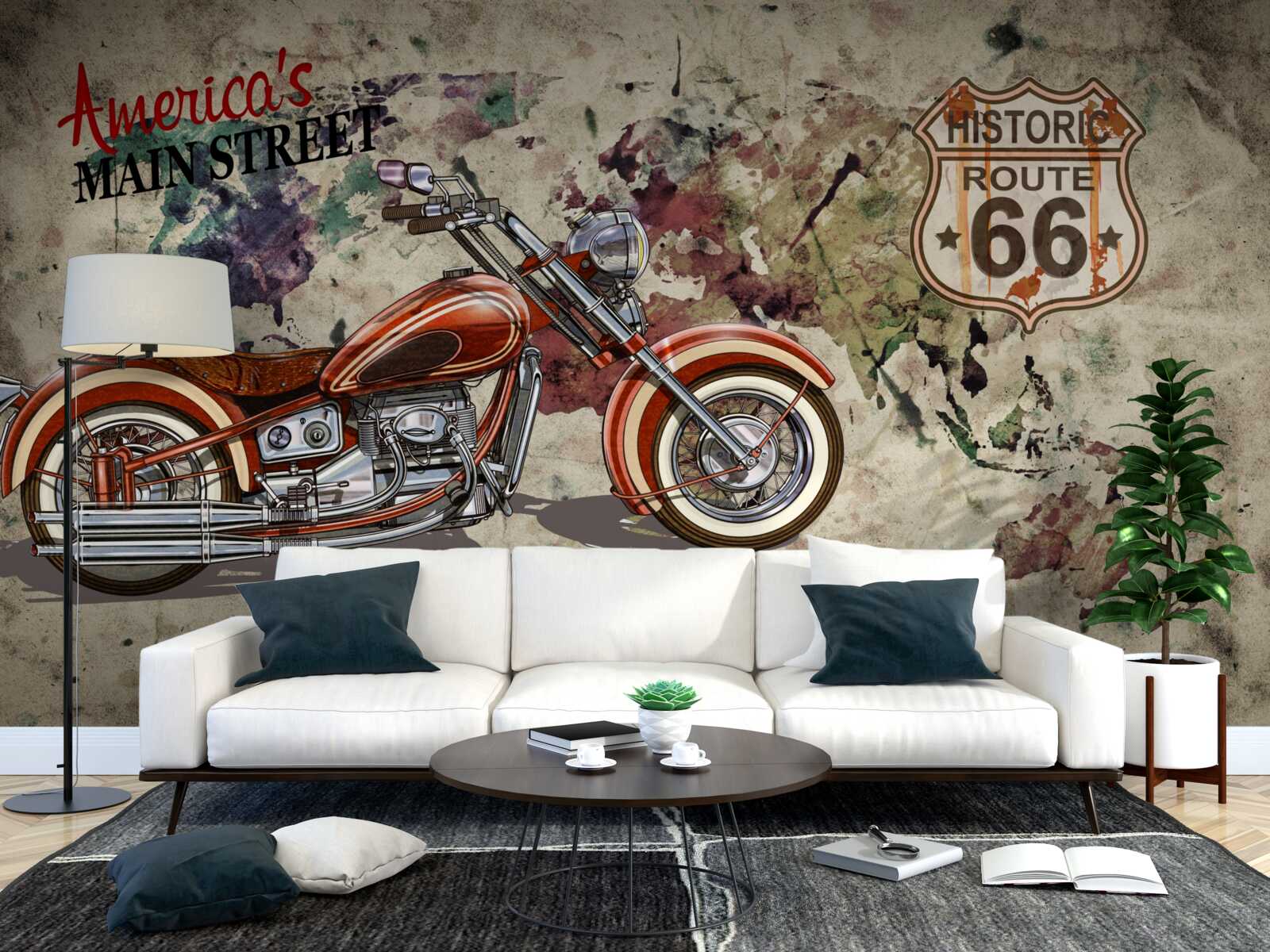 Fototapeten Roter Motorrad an der Wand