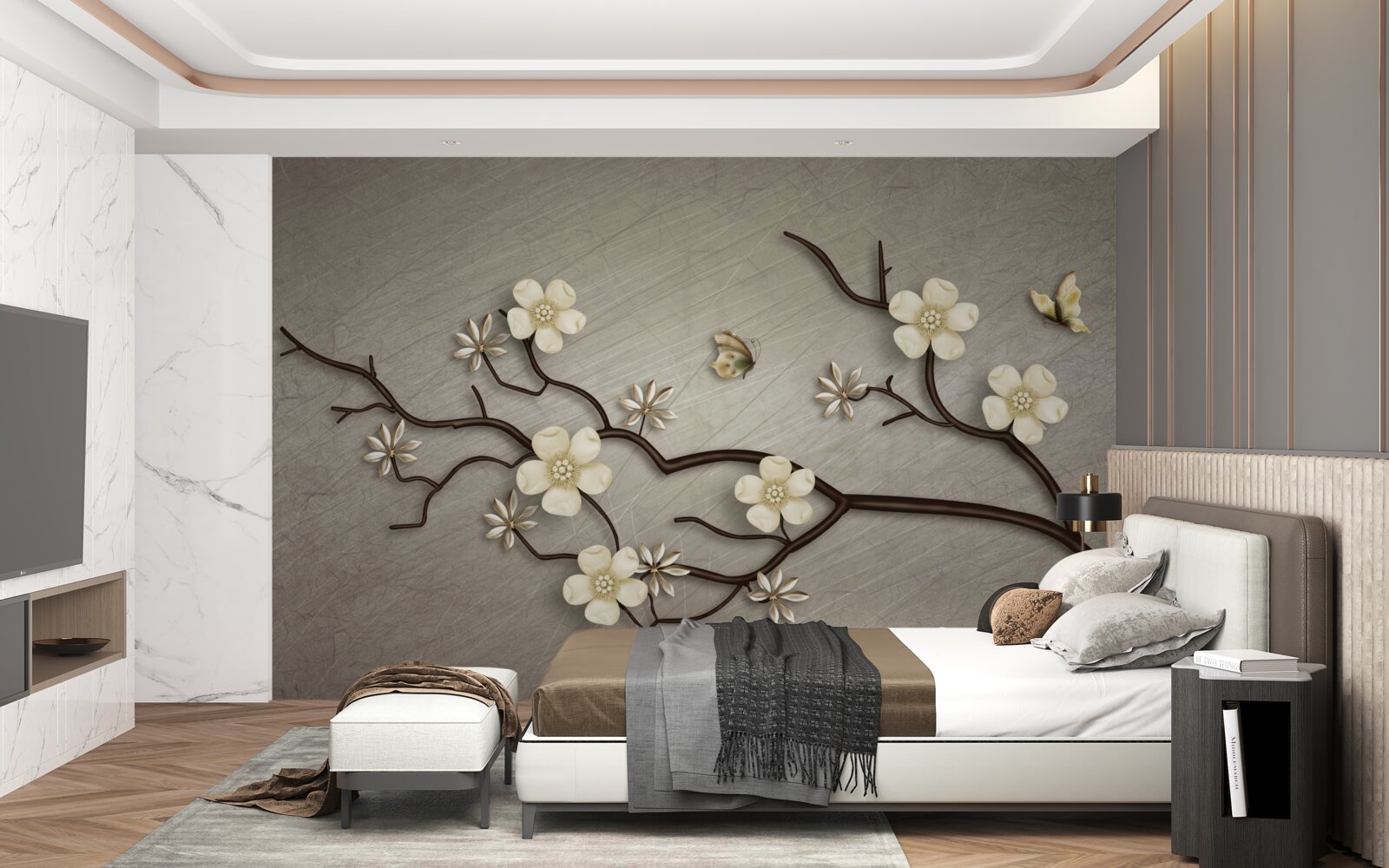 Fototapeten Magnolienzweig fließt mit weißen Blüten
