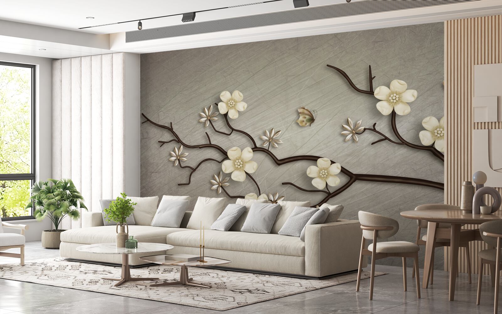 Fototapeten Magnolienzweig fließt mit weißen Blüten