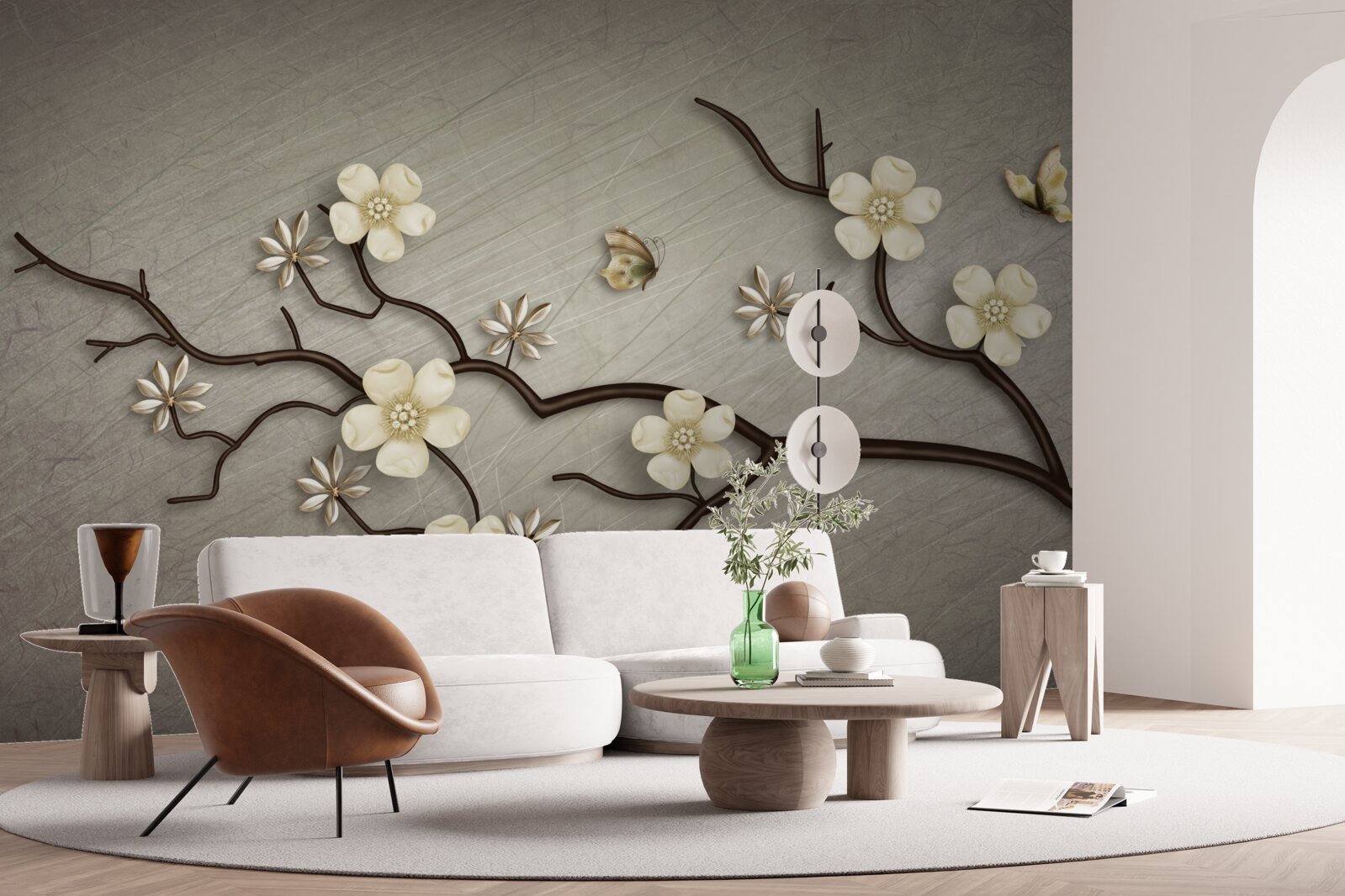 Fototapeten Magnolienzweig fließt mit weißen Blüten