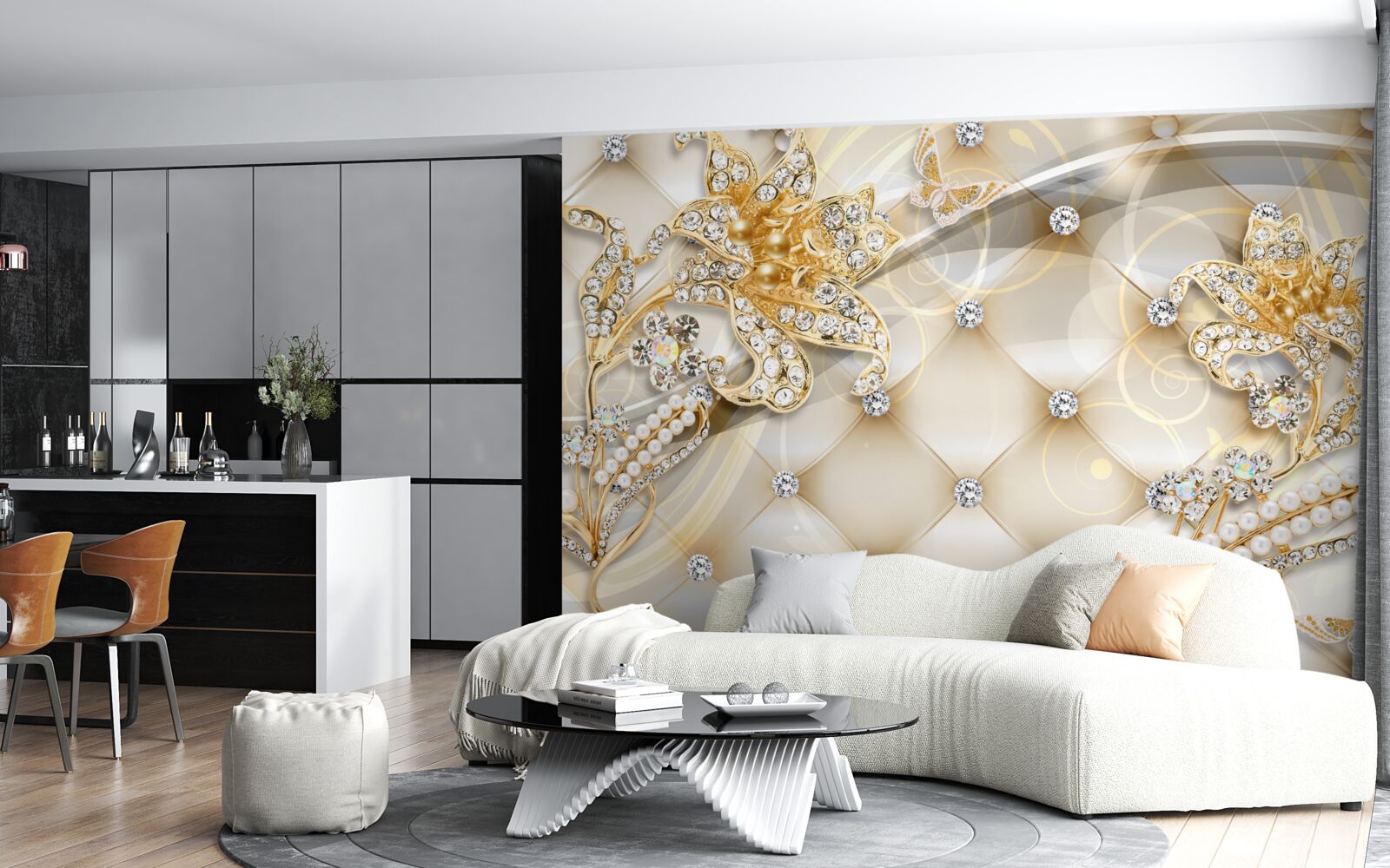 Fototapeten Dekorationen aus Perlen und goldenen Blumen