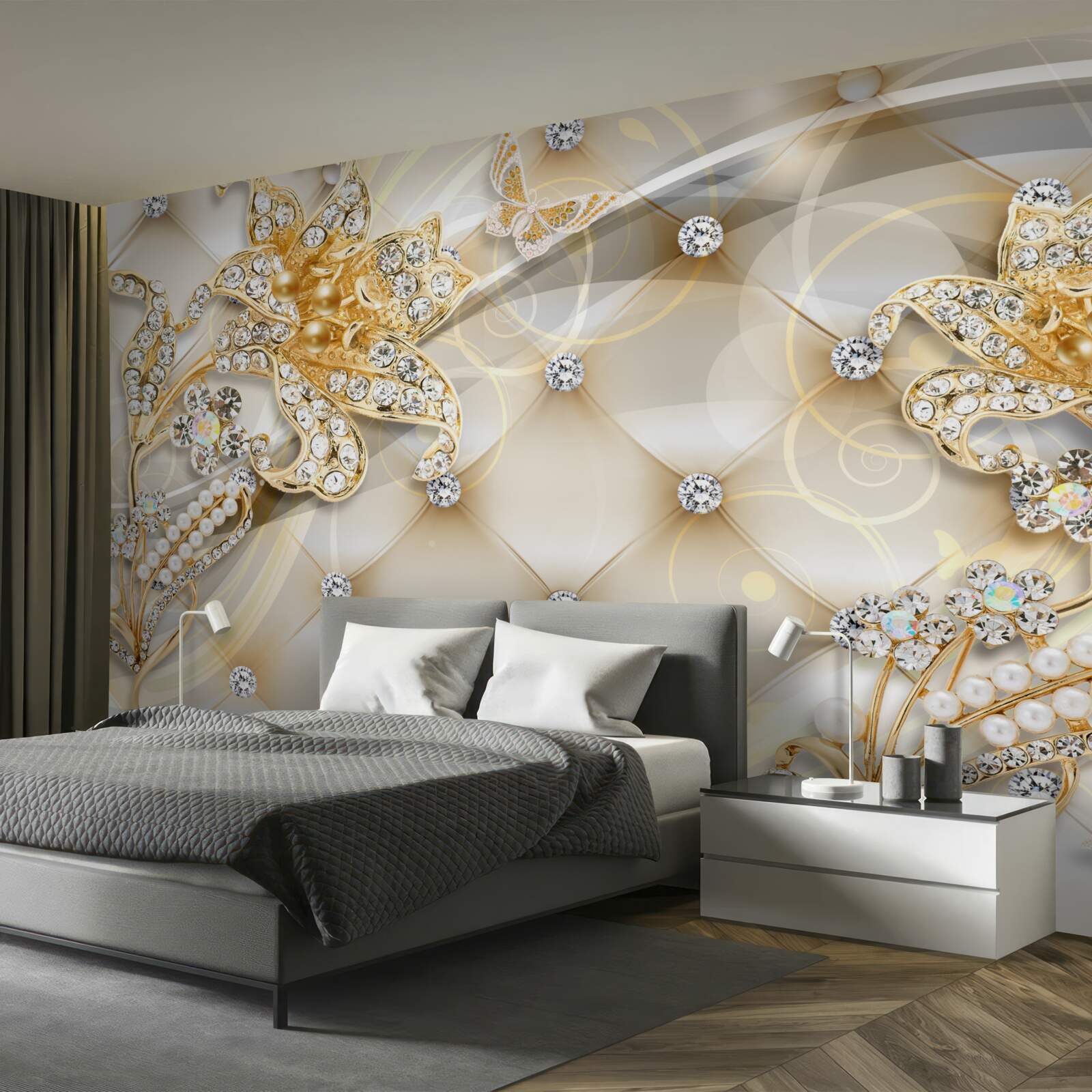 Fototapeten Dekorationen aus Perlen und goldenen Blumen