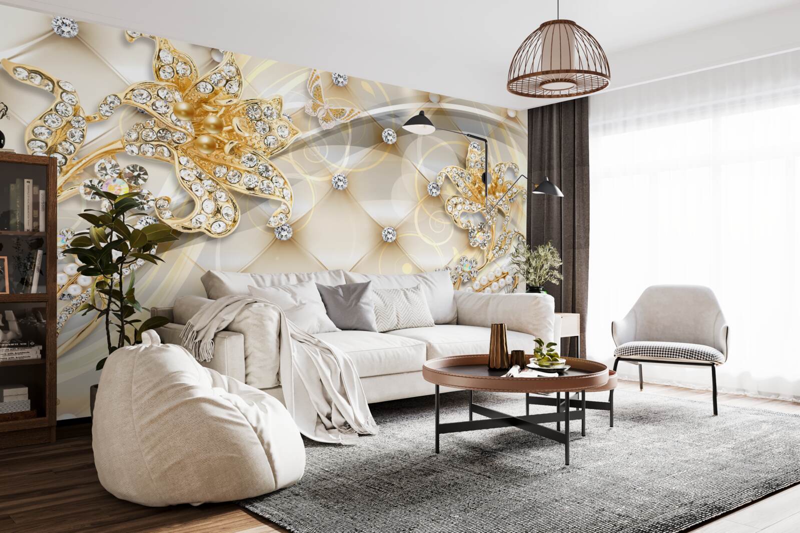 Fototapeten Dekorationen aus Perlen und goldenen Blumen