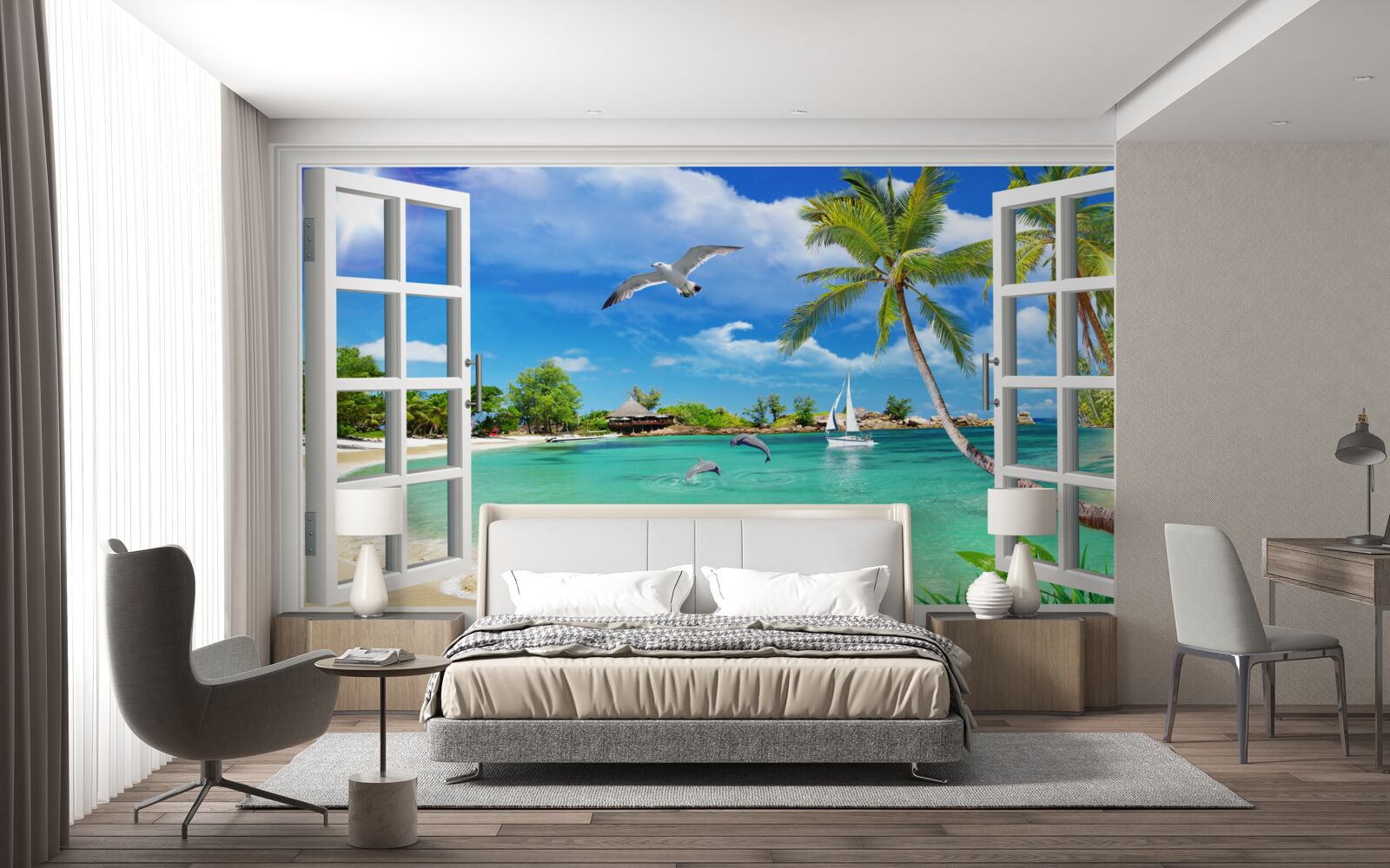 Fototapeten Fenster mit einem ungestörten Blick auf den Sandstrand und Wasser