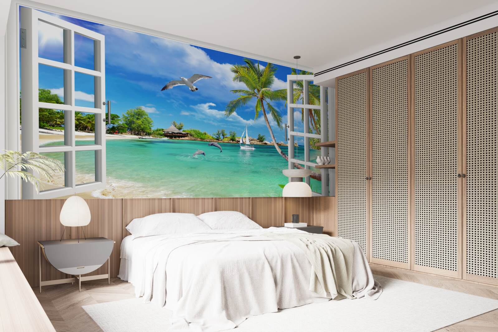 Fototapeten Fenster mit einem ungestörten Blick auf den Sandstrand und Wasser