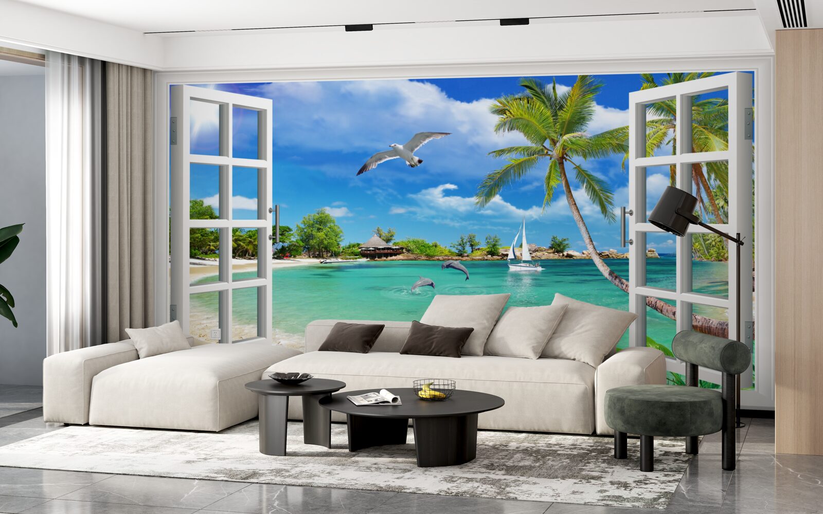 Fototapeten Fenster mit einem ungestörten Blick auf den Sandstrand und Wasser