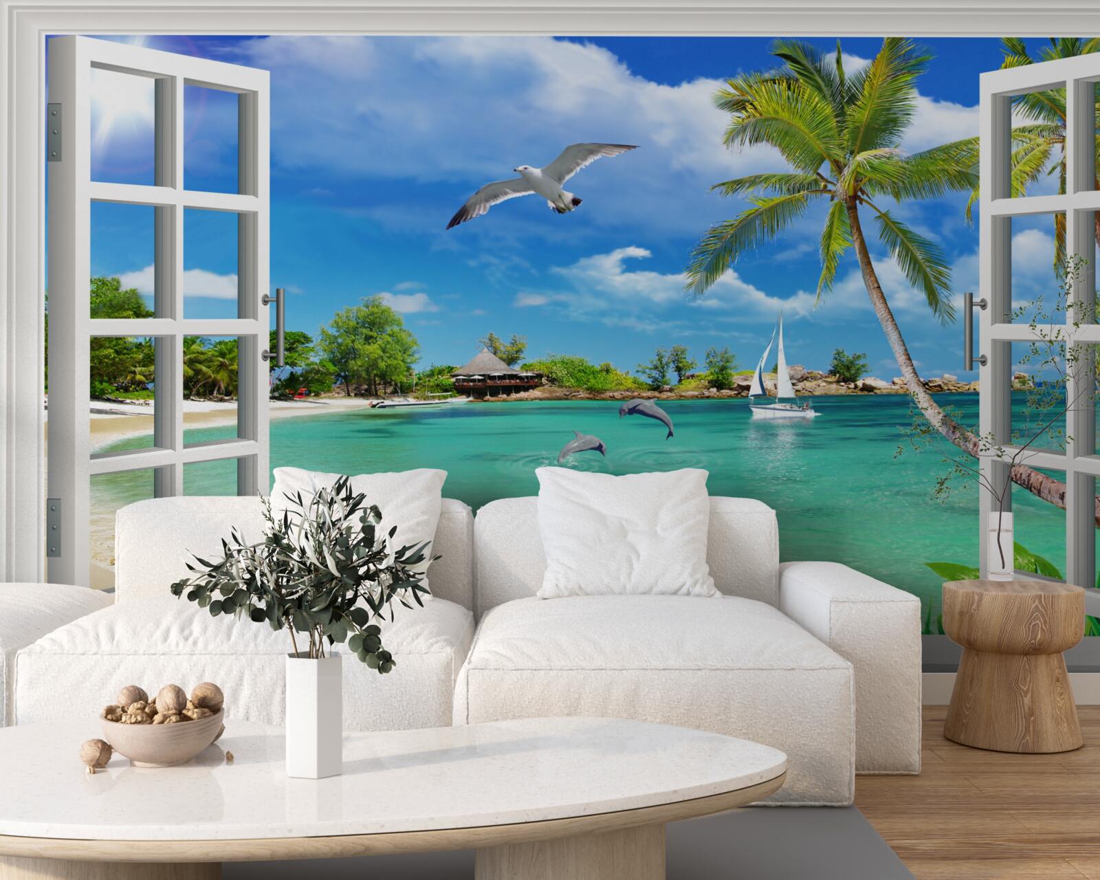 Fototapeten Fenster mit einem ungestörten Blick auf den Sandstrand und Wasser