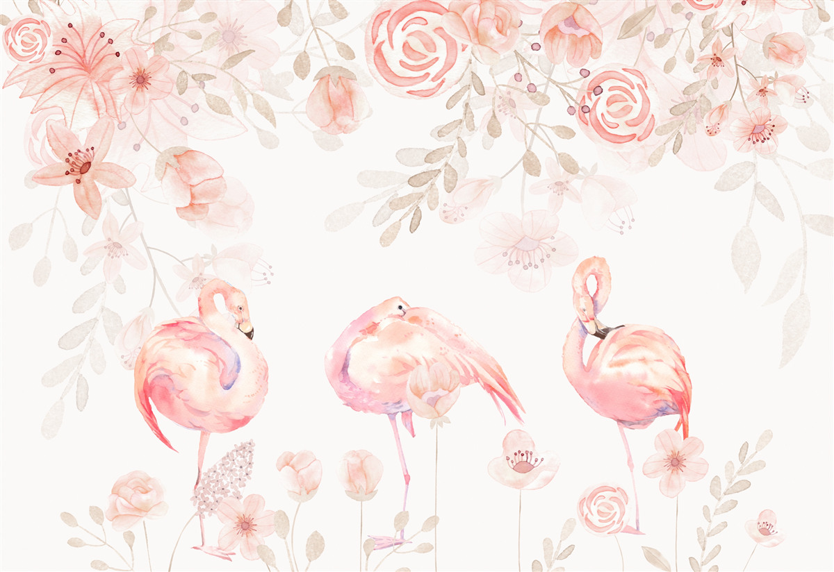 Fototapeten Rosa Flamingos und Blumen