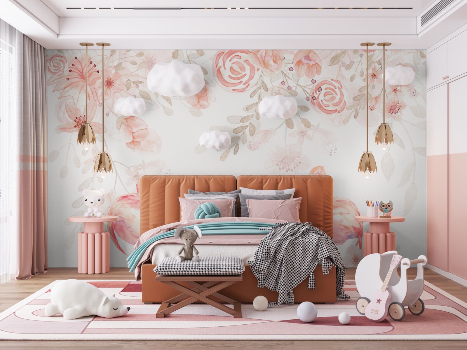 Fototapeten Rosa Flamingos und Blumen