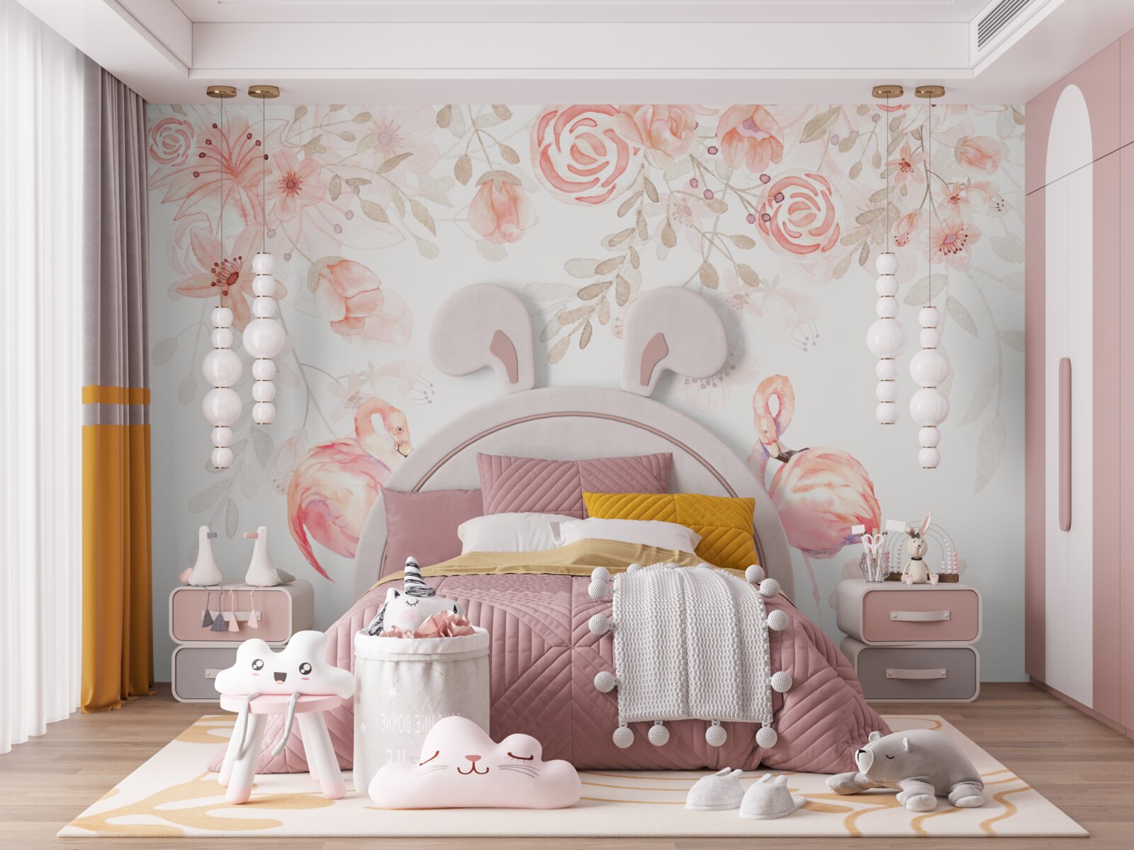 Fototapeten Rosa Flamingos und Blumen
