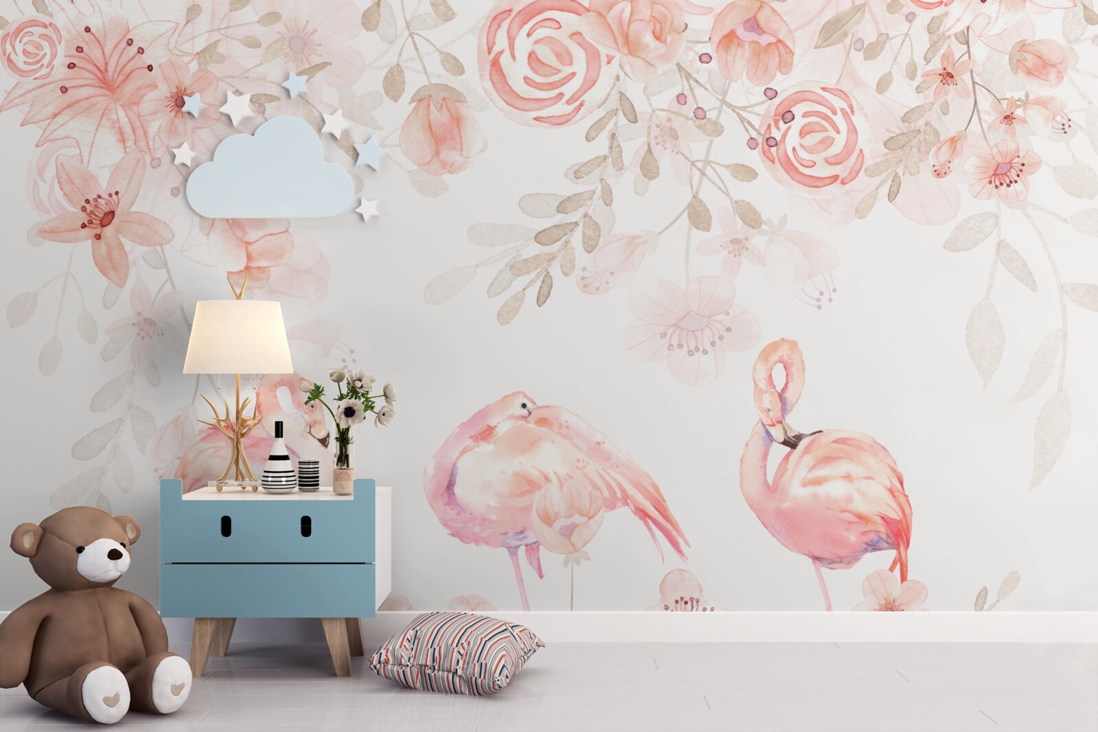 Fototapeten Rosa Flamingos und Blumen