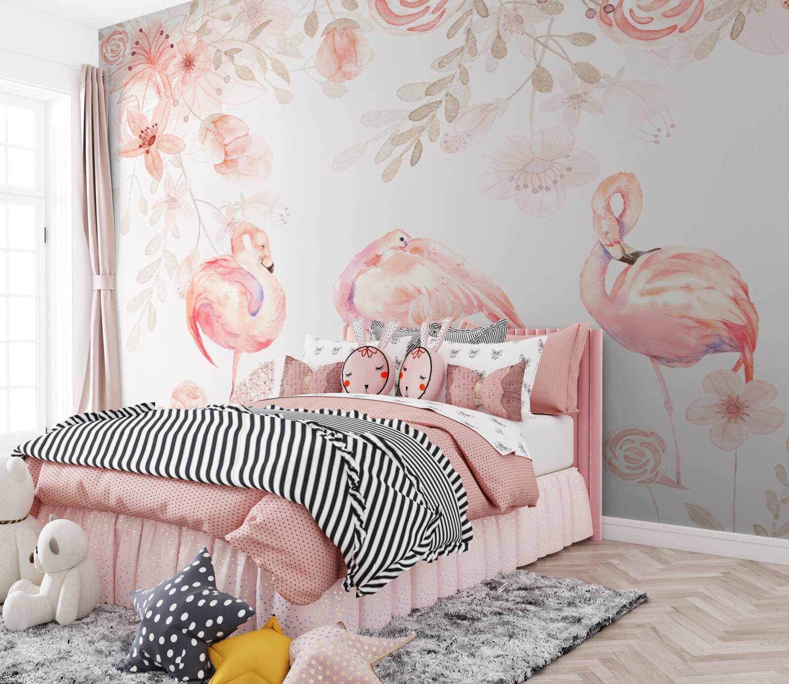 Fototapeten Rosa Flamingos und Blumen