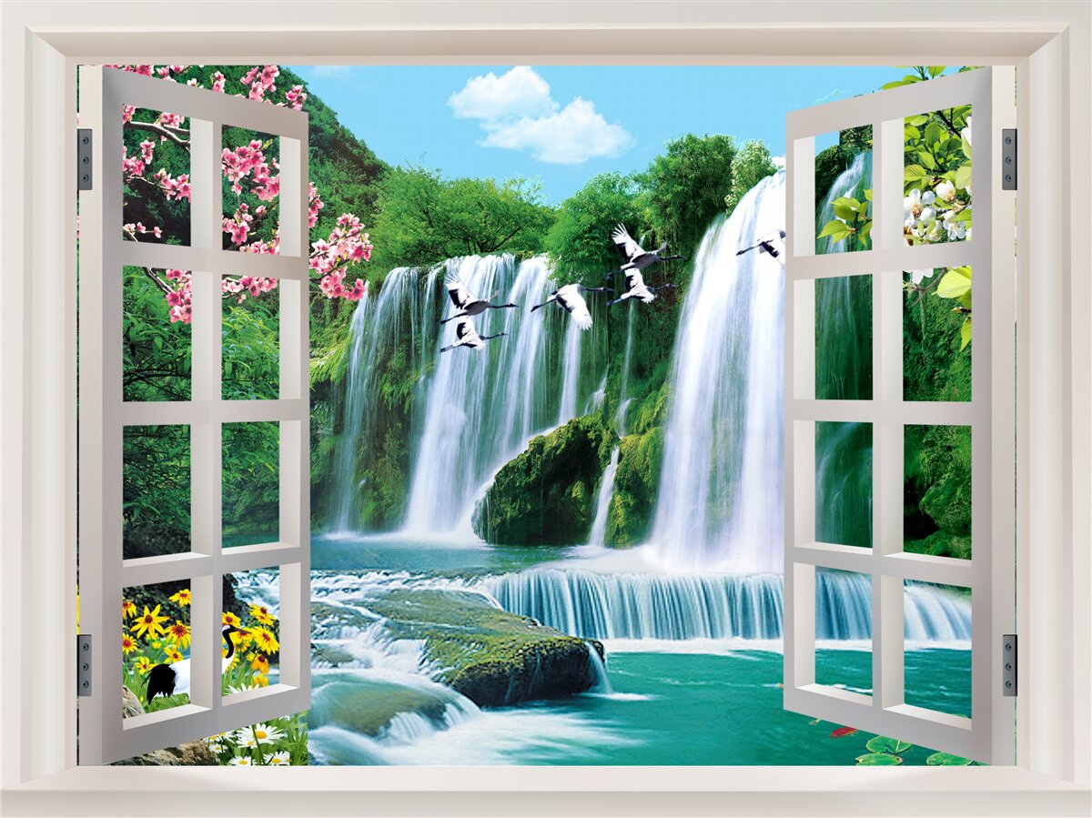 Fototapeten Zeigen Sie vom Fenster zu lauten Wasserfällen an