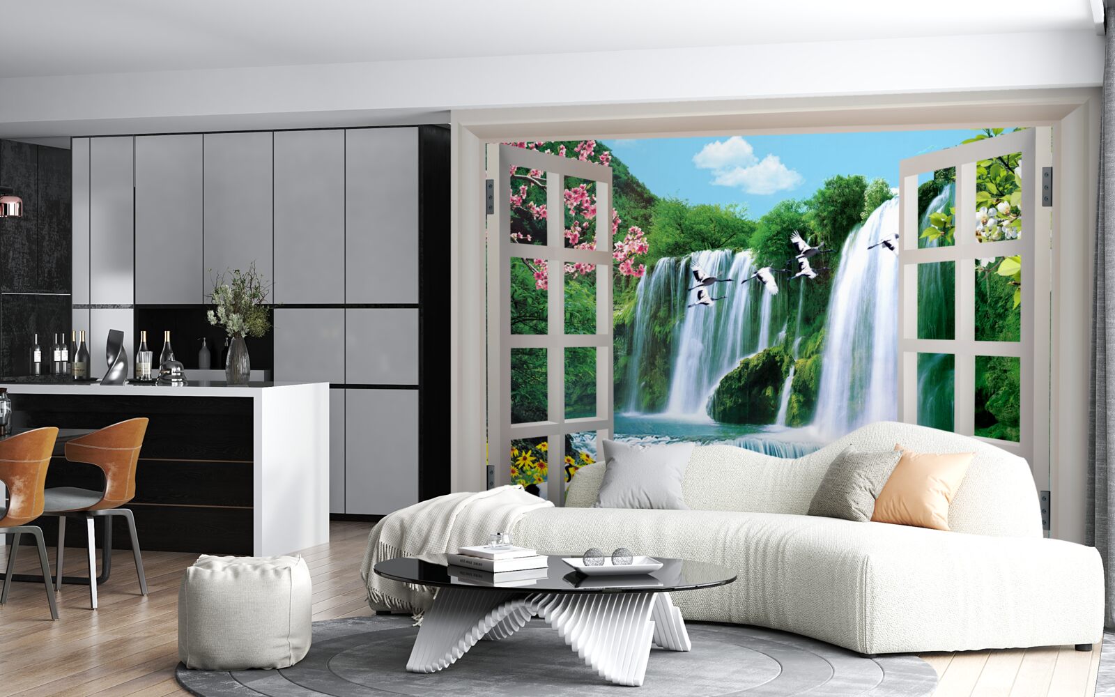 Fototapeten Zeigen Sie vom Fenster zu lauten Wasserfällen an
